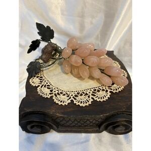 Vintage MCM Stone Mineral Grapes Rose Quartz With Carved Stone Jade Leaves